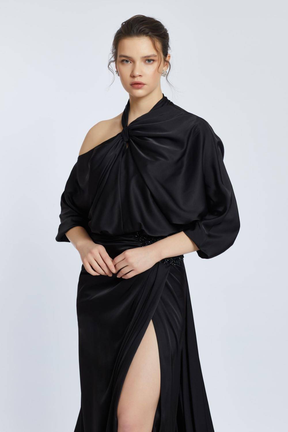 Neck Strappy Draped Slit Long Evening Dress