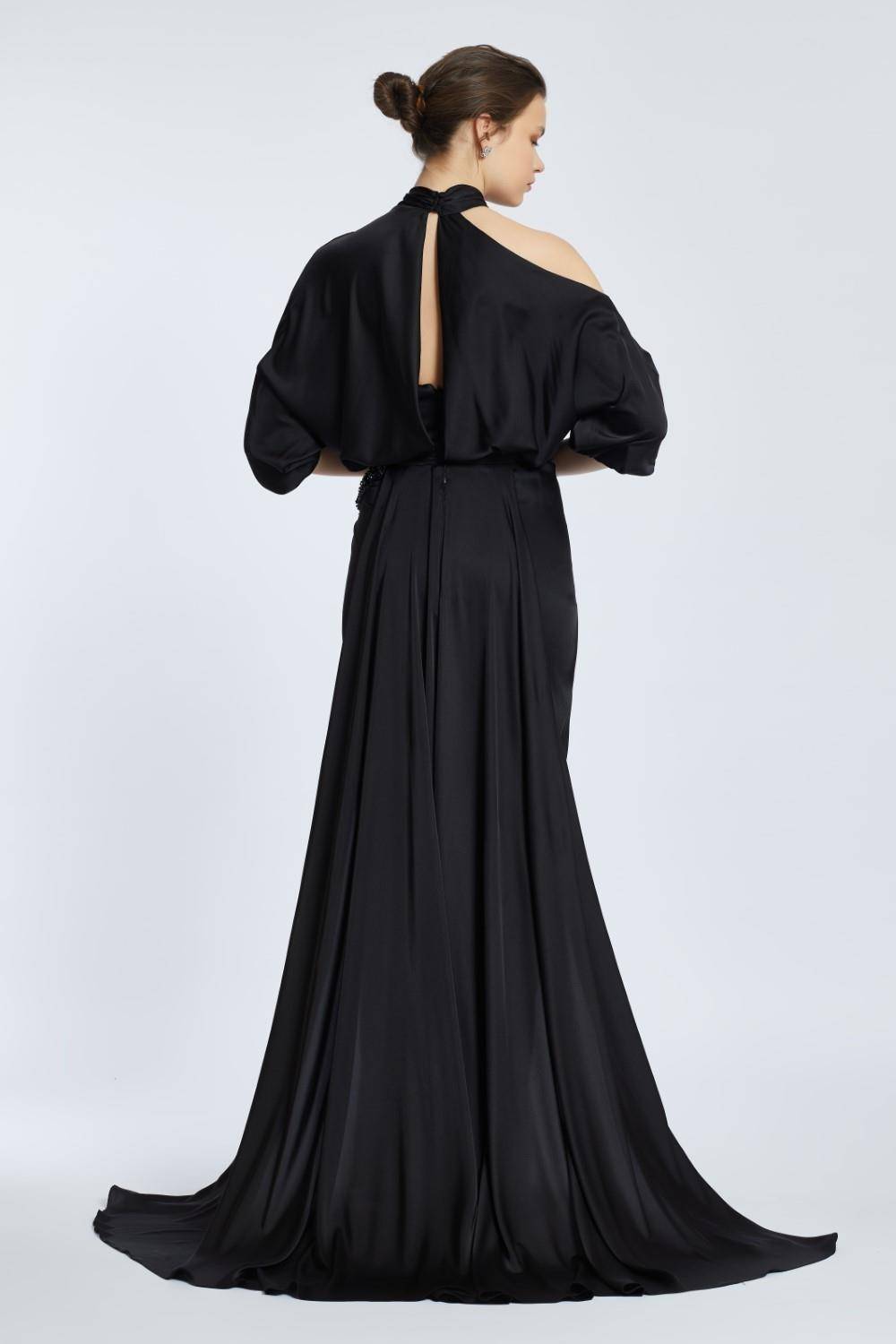 Neck Strappy Draped Slit Long Evening Dress