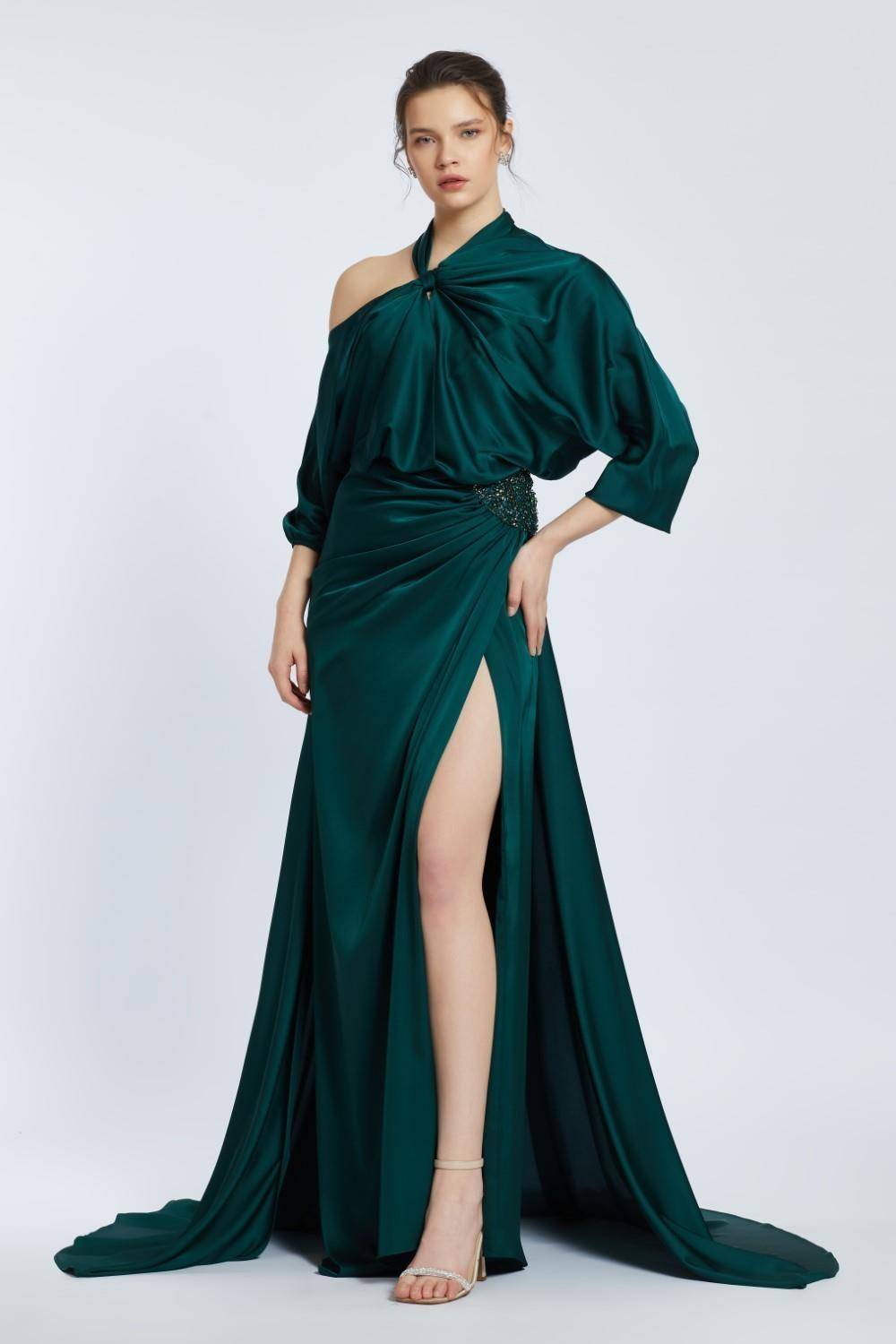 Neck Strappy Draped Slit Long Evening Dress