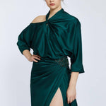 Neck Strappy Draped Slit Long Evening Dress