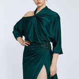 Neck Strappy Draped Slit Long Evening Dress