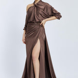 Neck Strappy Draped Slit Long Evening Dress - 2062