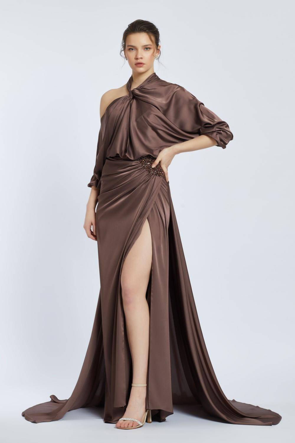 Neck Strappy Draped Slit Long Evening Dress