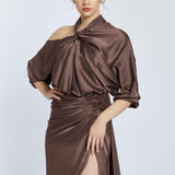 Neck Strappy Draped Slit Long Evening Dress - 2062