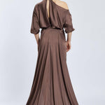 Neck Strappy Draped Slit Long Evening Dress