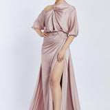 Neck Strappy Draped Slit Long Evening Dress - 2062