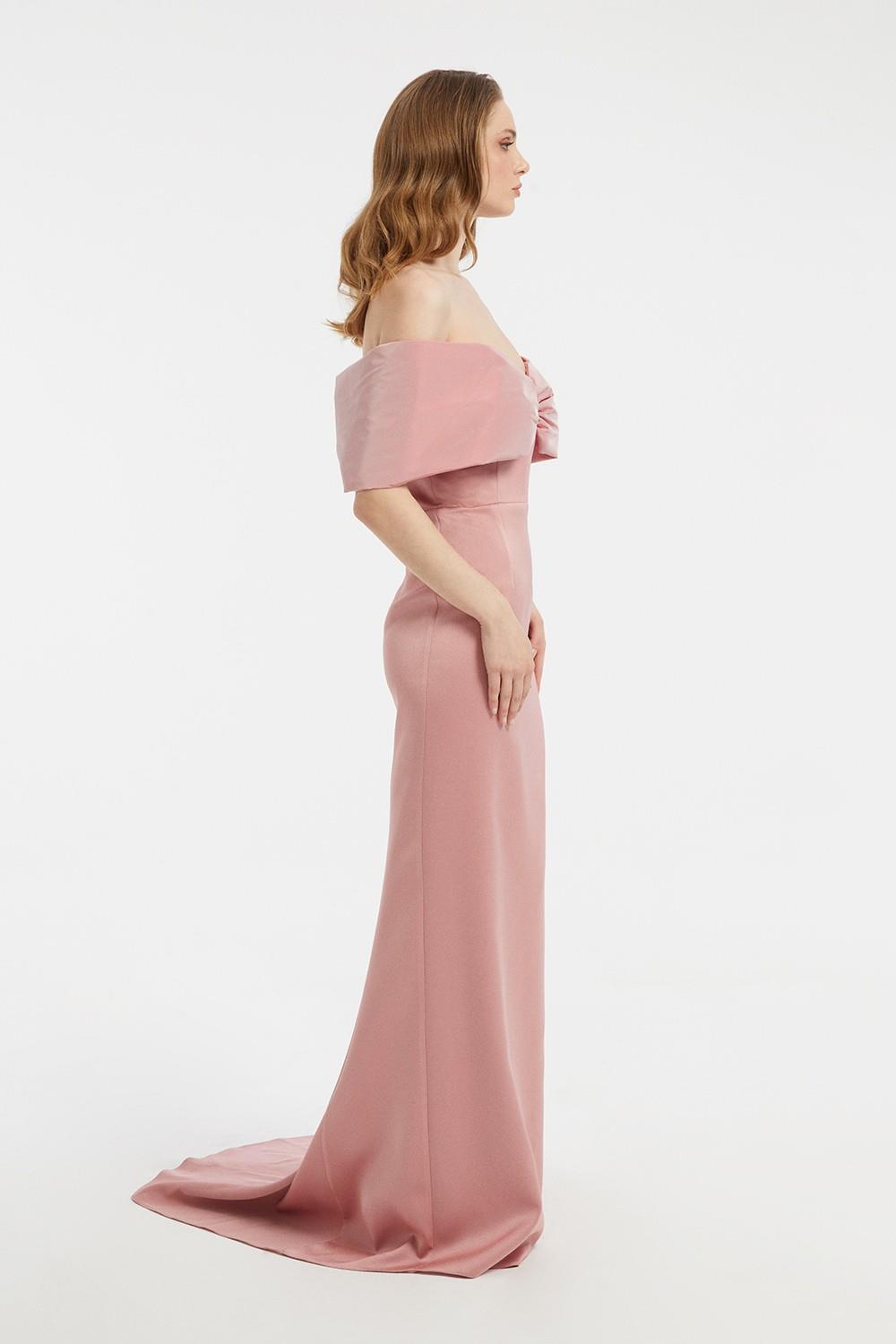 Off-Shoulder Bow Detailed Long Evening Dress