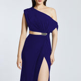 Single Shoulder Buckle Detailed Slit Long Evening Dress - 2030