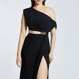 Single Shoulder Buckle Detailed Slit Long Evening Dress - 2030