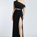 Single Shoulder Buckle Detailed Slit Long Evening Dress - 2030