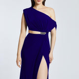 Single Shoulder Buckle Detailed Slit Long Evening Dress - 2030