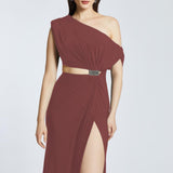 Single Shoulder Buckle Detailed Slit Long Evening Dress - 2030