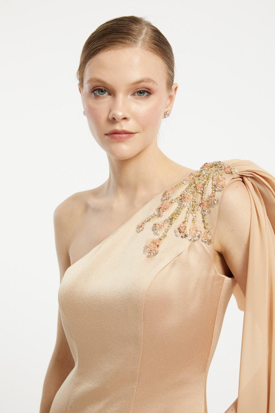 Bling Embroidered Single Shoulder Bow Detailed Long Evening Dress