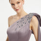 Rhinestone Embroidered Single Shoulder Bow Detailed Long Evening Dress