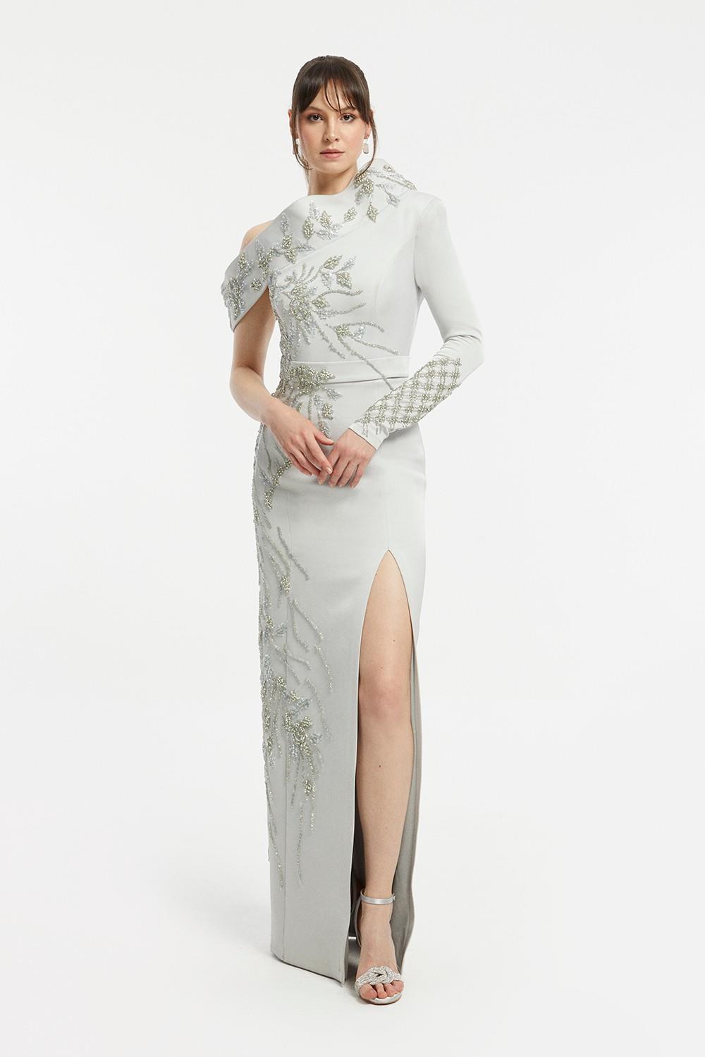 Single Sleeve Embroidered Long Evening Dress