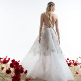 Single Shoulder Pearl Detailed Embroidered Fabric Flared Wedding Dress