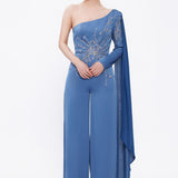 One Sleeve Embroidered Jumpsuit Evening Dress