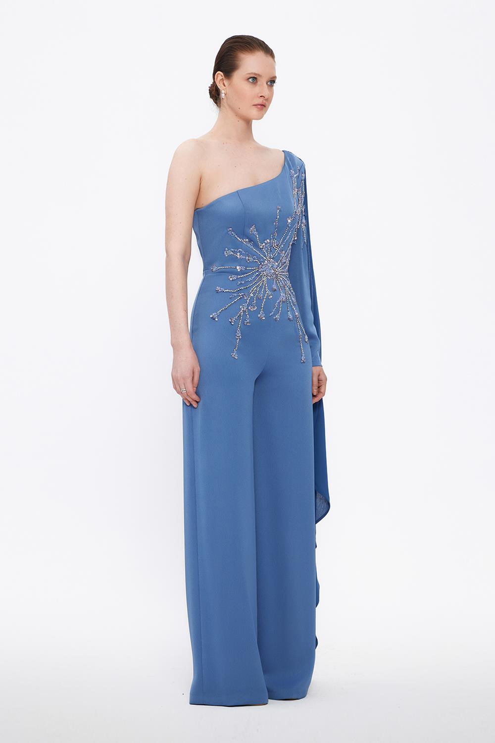 One Sleeve Embroidered Jumpsuit Evening Dress