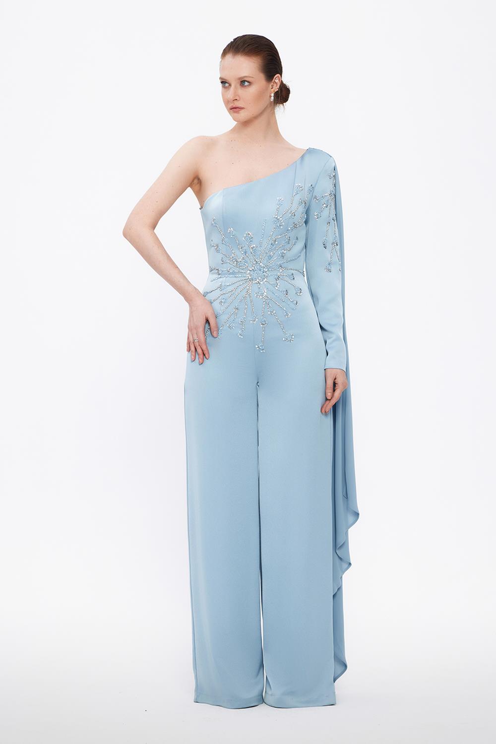 One Sleeve Embroidered Jumpsuit Evening Dress