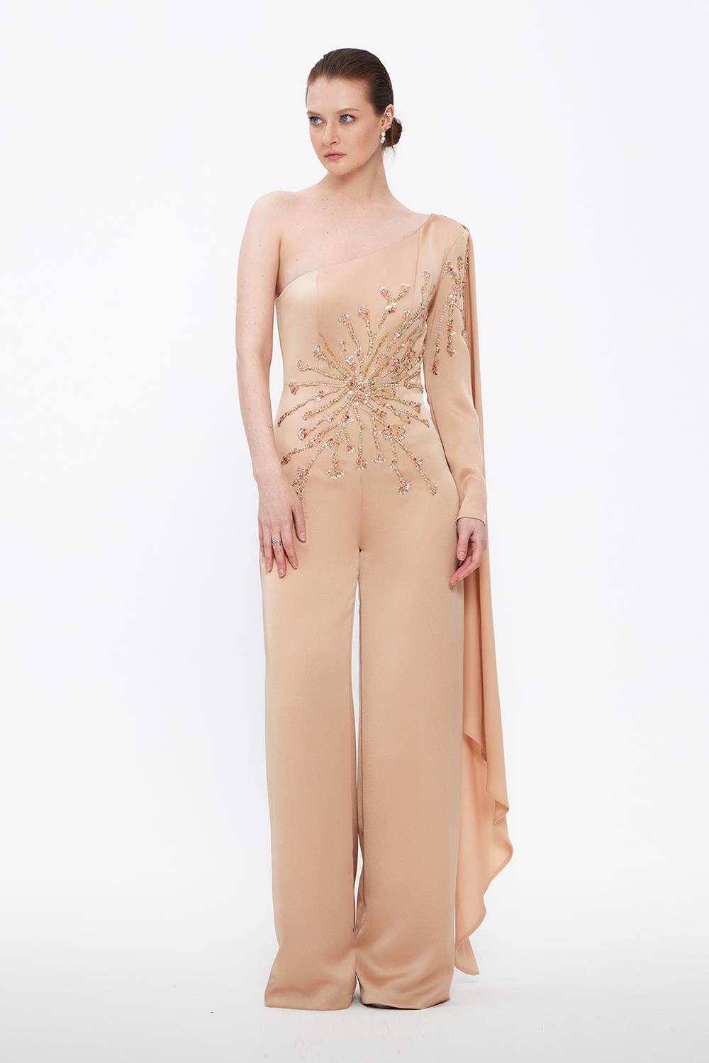 One Sleeve Embroidered Jumpsuit Evening Dress