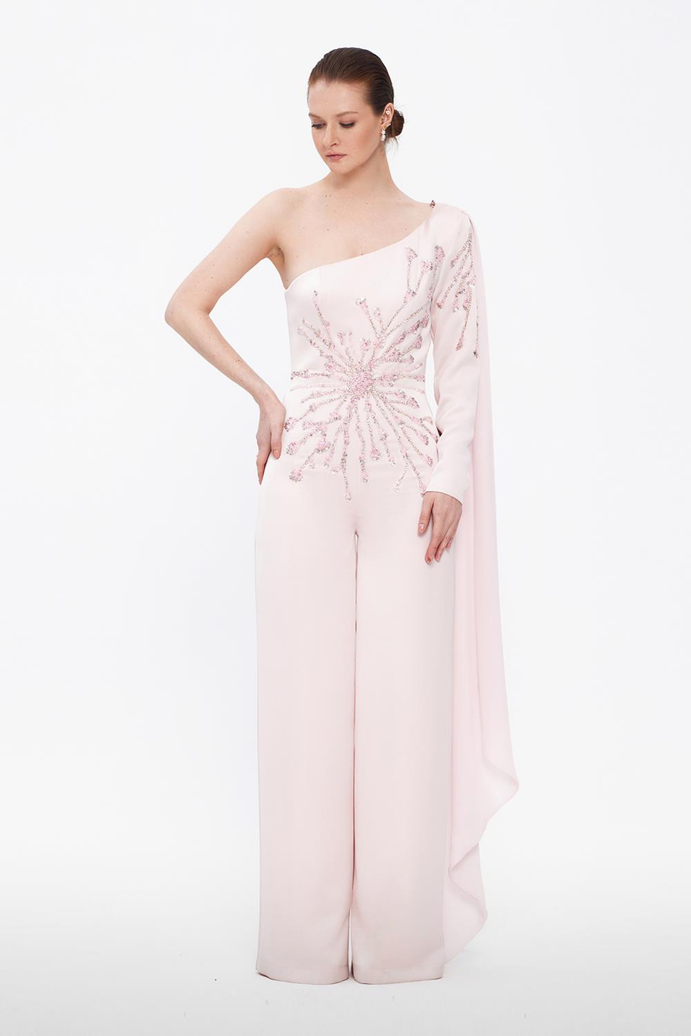 One Sleeve Embroidered Jumpsuit Evening Dress