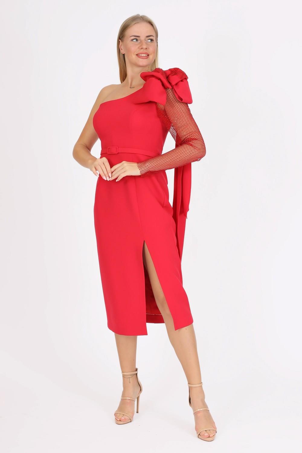 Single Sleeve Mesh Evening Dress