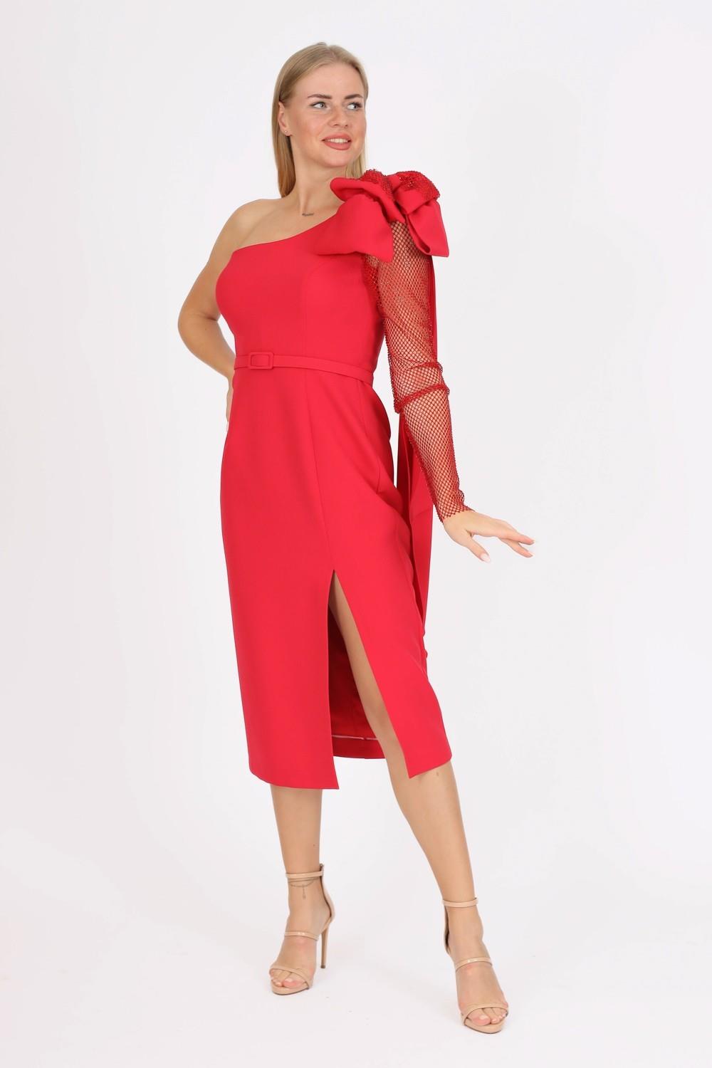 Single Sleeve Mesh Evening Dress