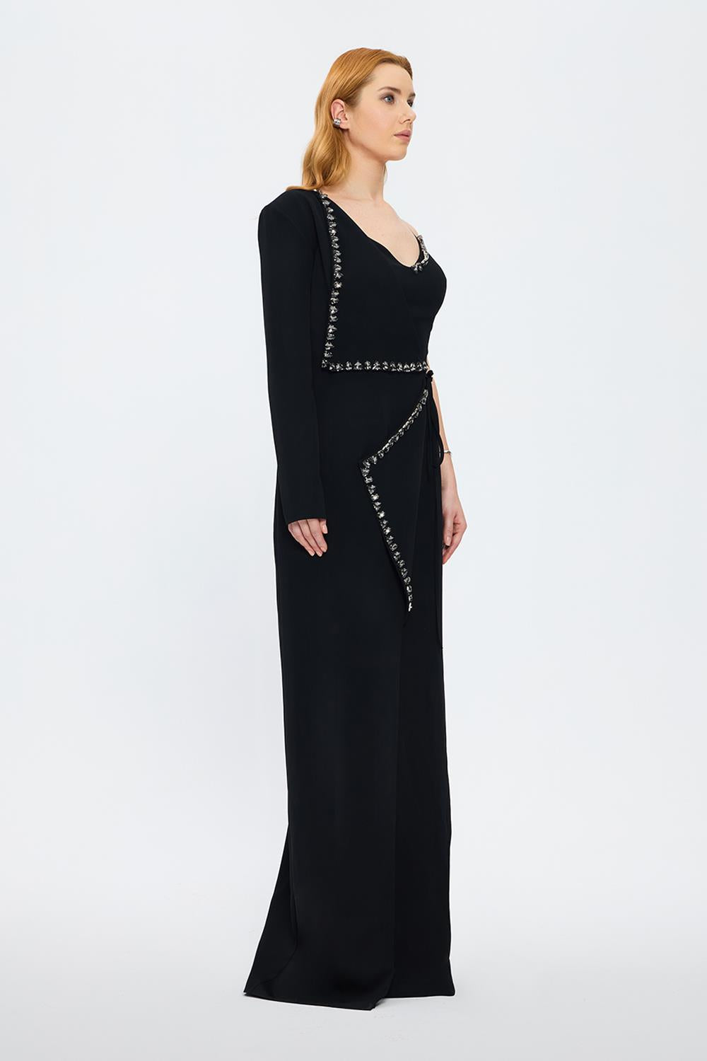 One Sleeve Stone Embroidered Long Evening Dress