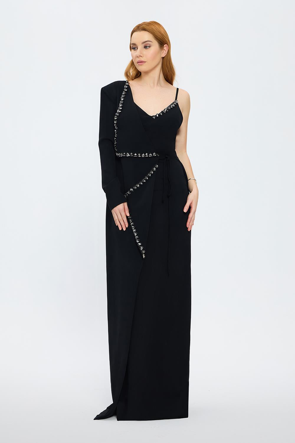 One Sleeve Stone Embroidered Long Evening Dress