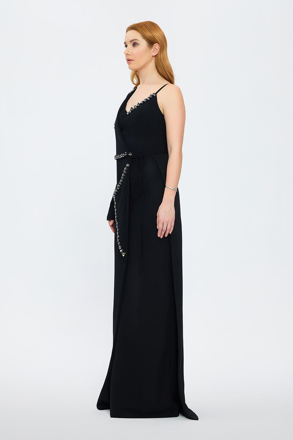 One Sleeve Stone Embroidered Long Evening Dress