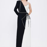 One Sleeve Stone Embroidered Long Evening Dress