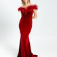 Boa Detailed Velvet Long Evening Dress