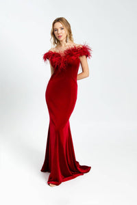 Boa Detailed Velvet Long Evening Dress