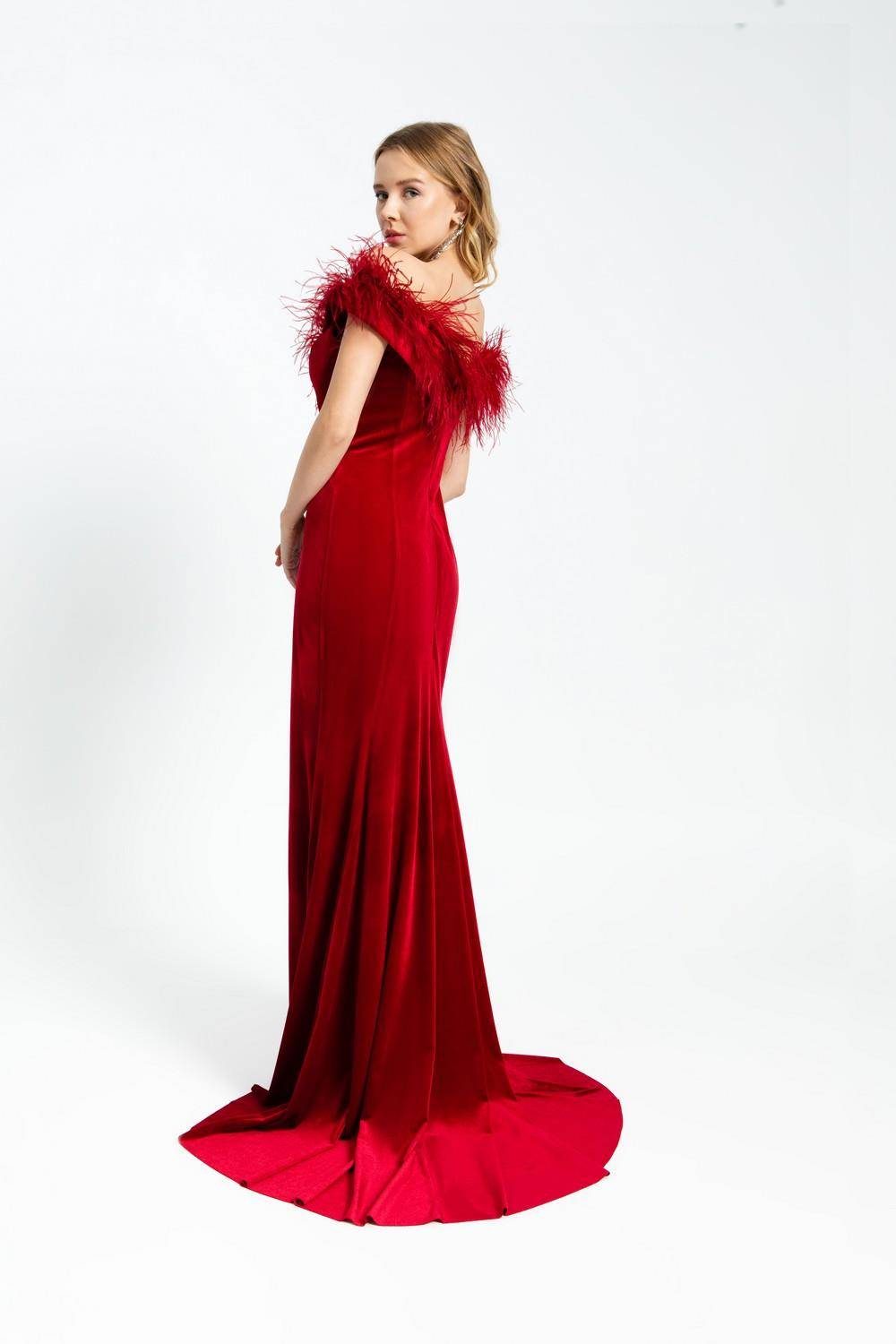 Boa Detailed Velvet Long Evening Dress