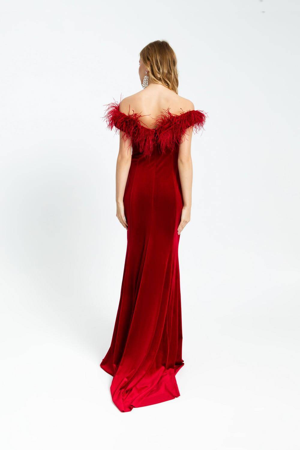 Boa Detailed Velvet Long Evening Dress