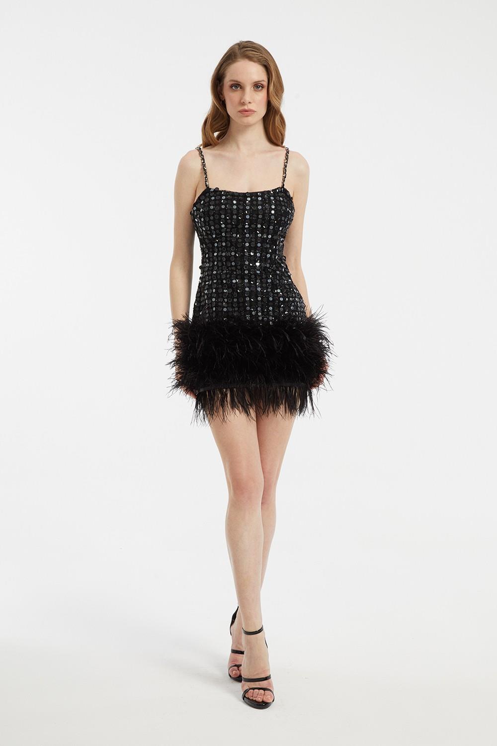 Sequin Strappy Short Evening Dress with Boa