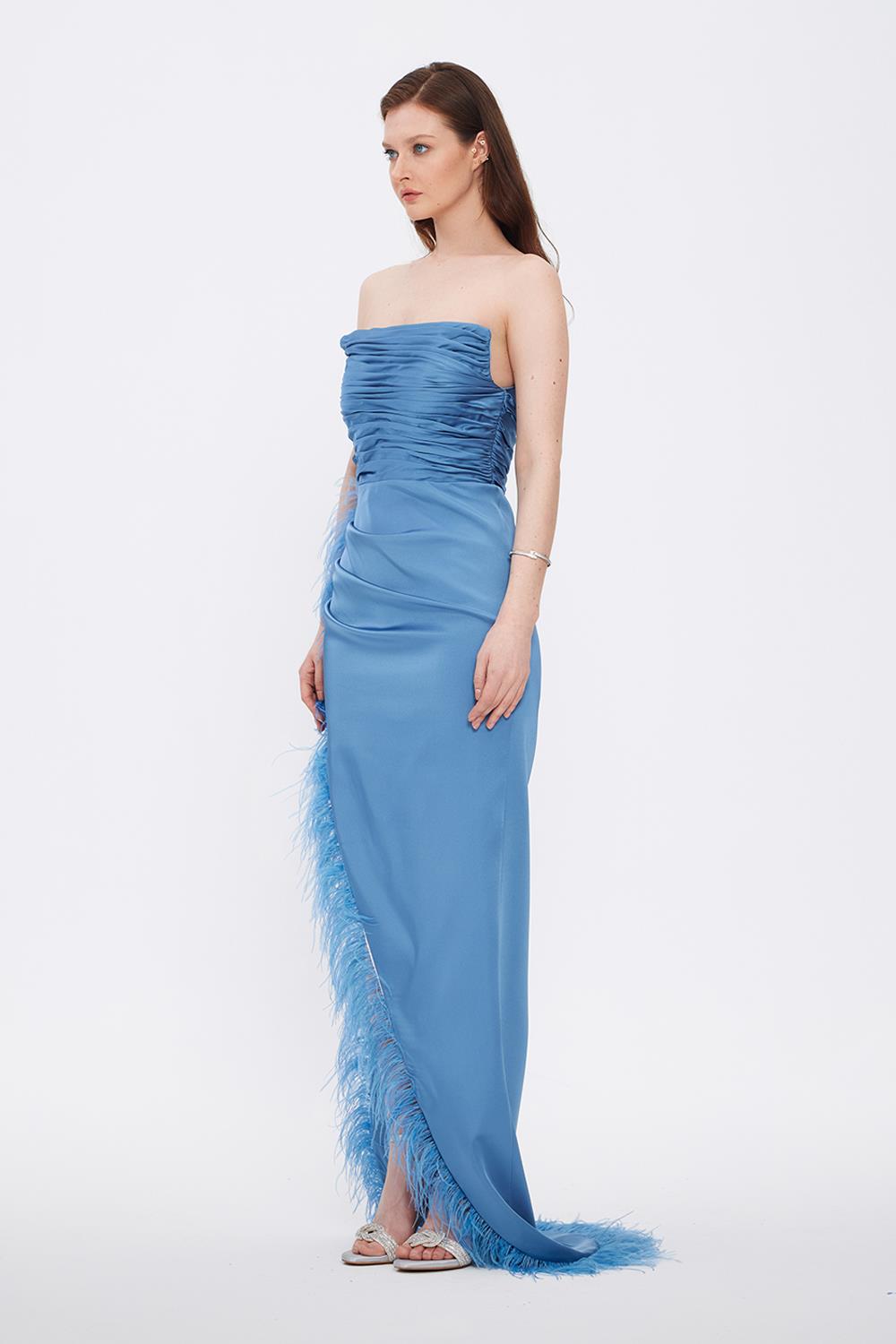 Feather Boa Satin Evening Dress with Slits