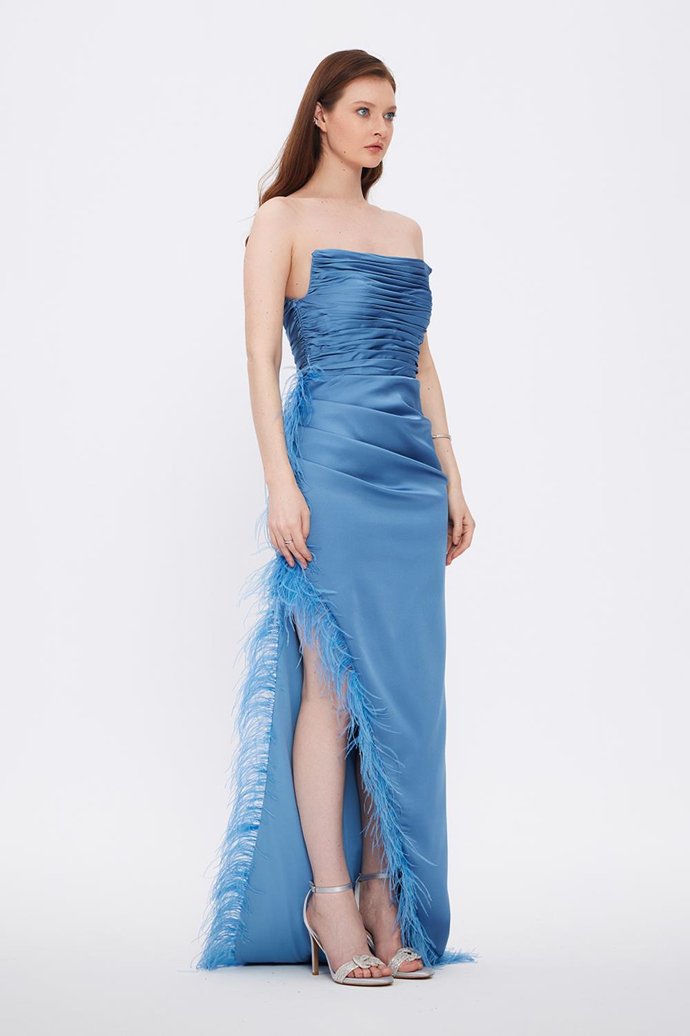 Feather Boa Satin Evening Dress with Slits