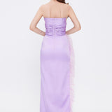 Feather Boa Satin Evening Dress with Slits