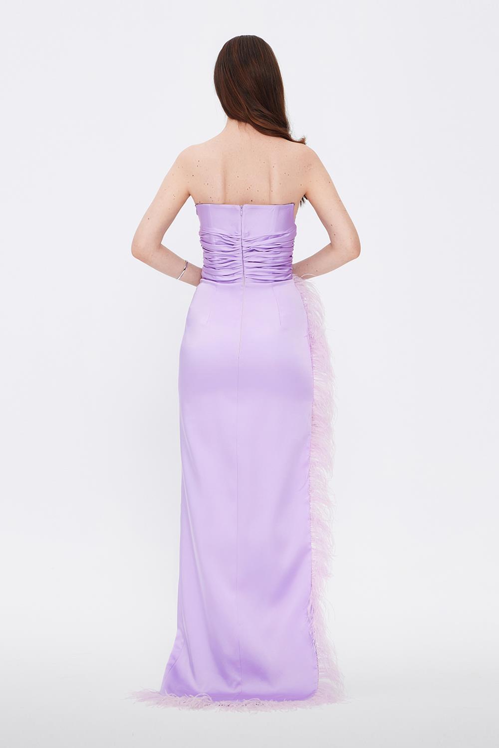 Feather Boa Satin Evening Dress with Slits
