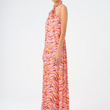 Patterned Satin Long Evening Dress with Neck Straps - 9133C