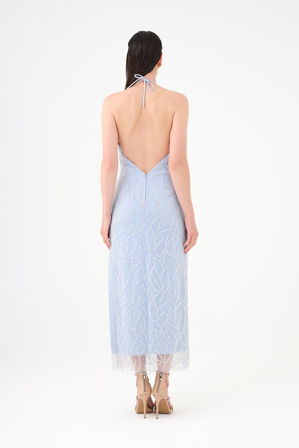 Pearl Detailed Halter Neck Midi Evening Dress