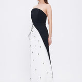 Pearl Detailed Strapless Collar Plain Evening Dress - 1025C