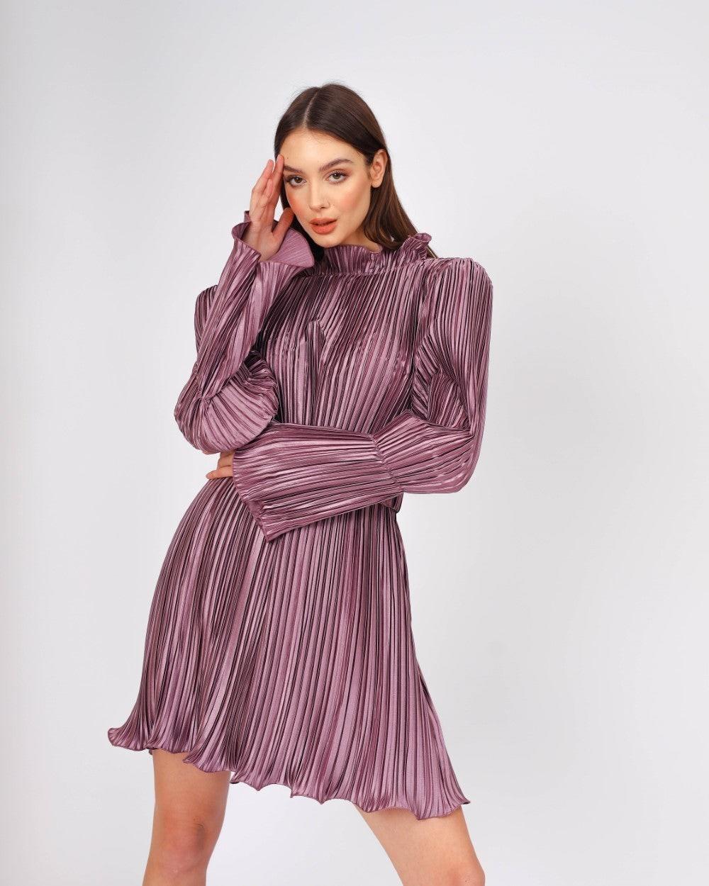 Pleated Belted Mini Evening Dress