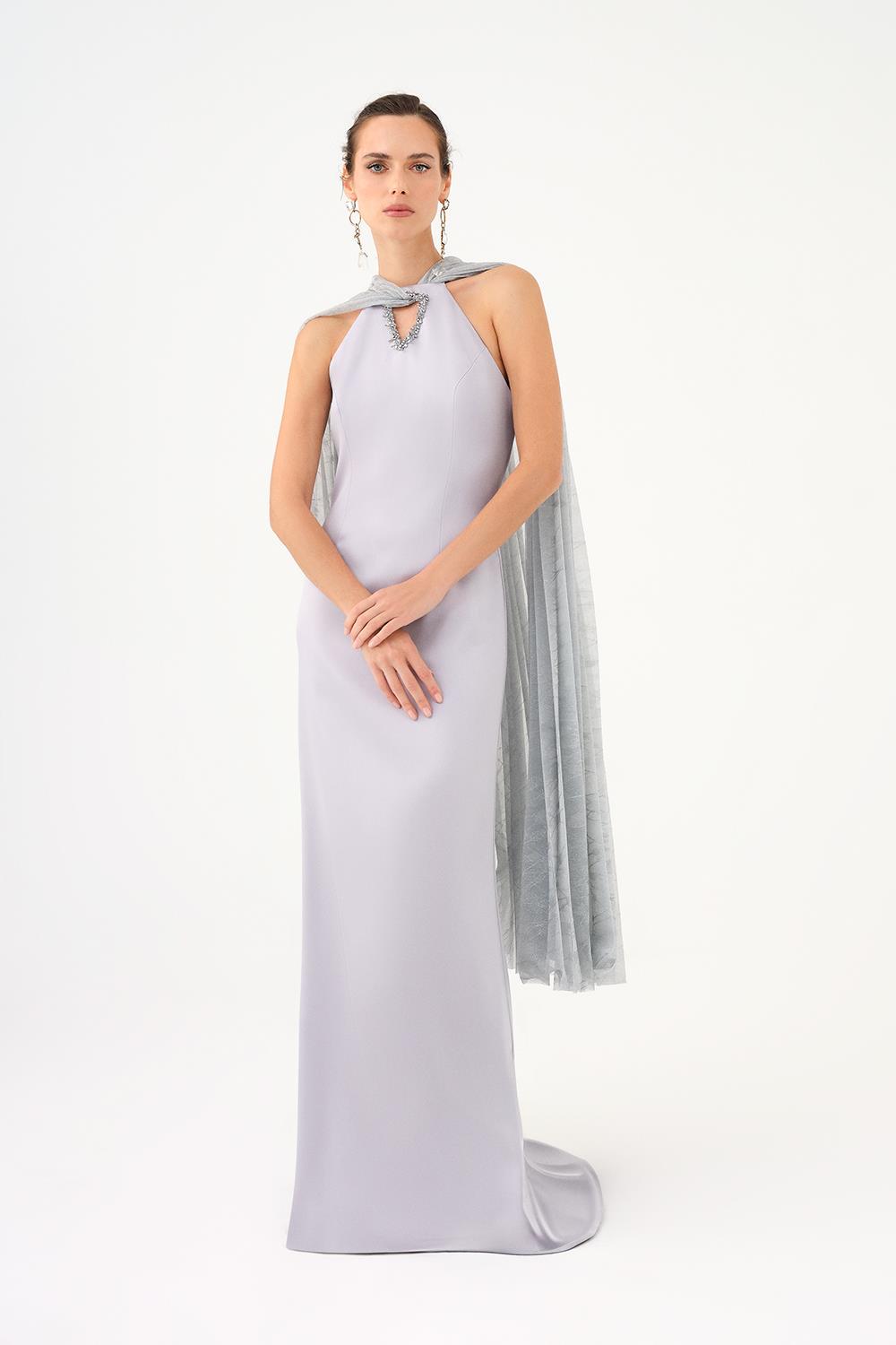 Shawl Stone Embroidered Satin Long Evening Dress