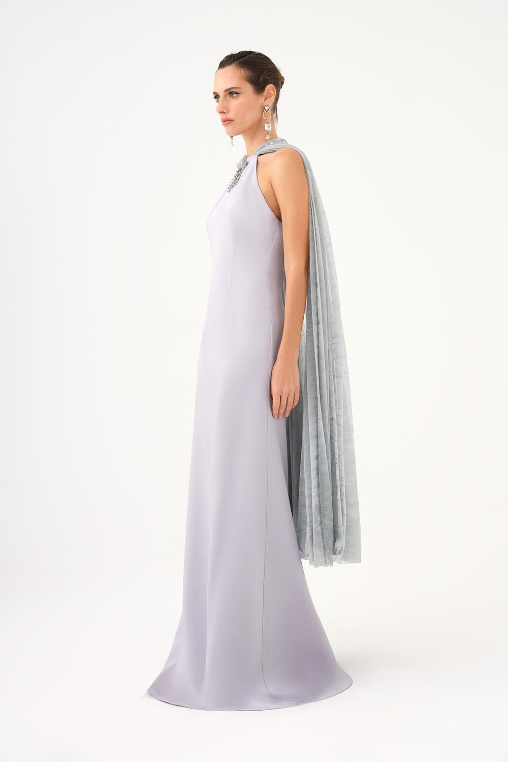 Shawl Stone Embroidered Satin Long Evening Dress