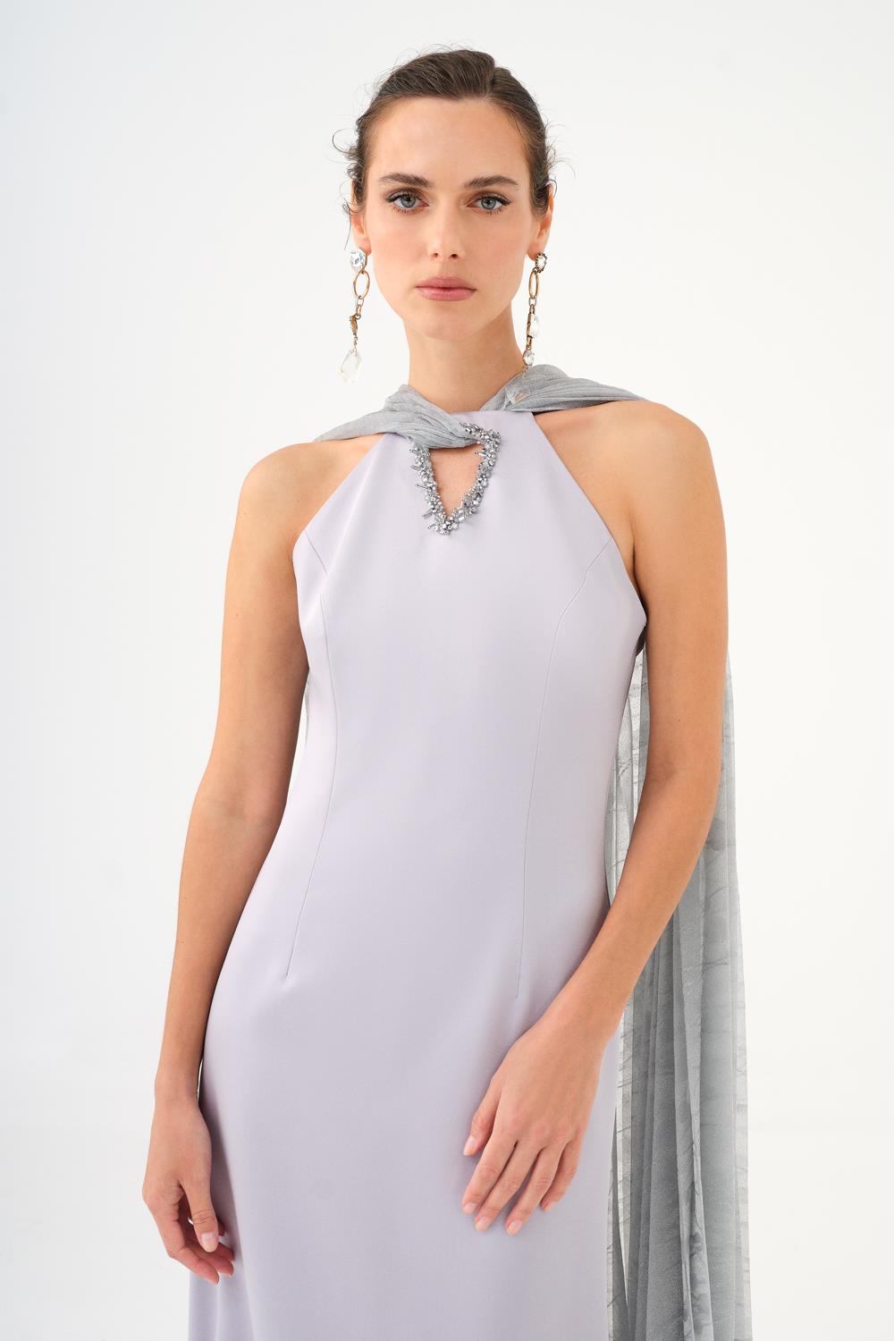 Shawl Stone Embroidered Satin Long Evening Dress