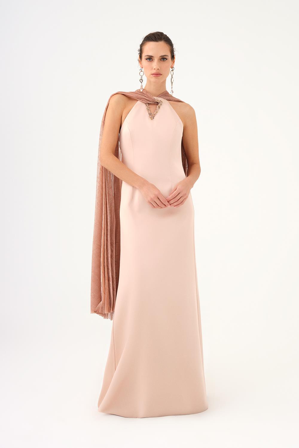 Shawl Stone Embroidered Satin Long Evening Dress