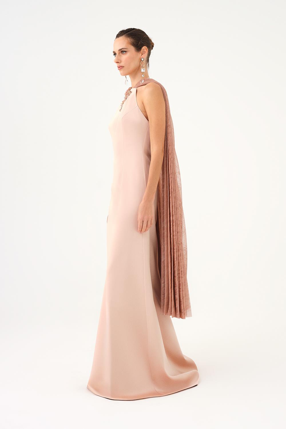 Shawl Stone Embroidered Satin Long Evening Dress