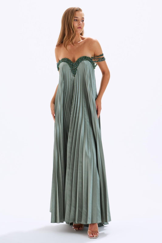 Pleated Embroidered Long Evening Dress - 4040C